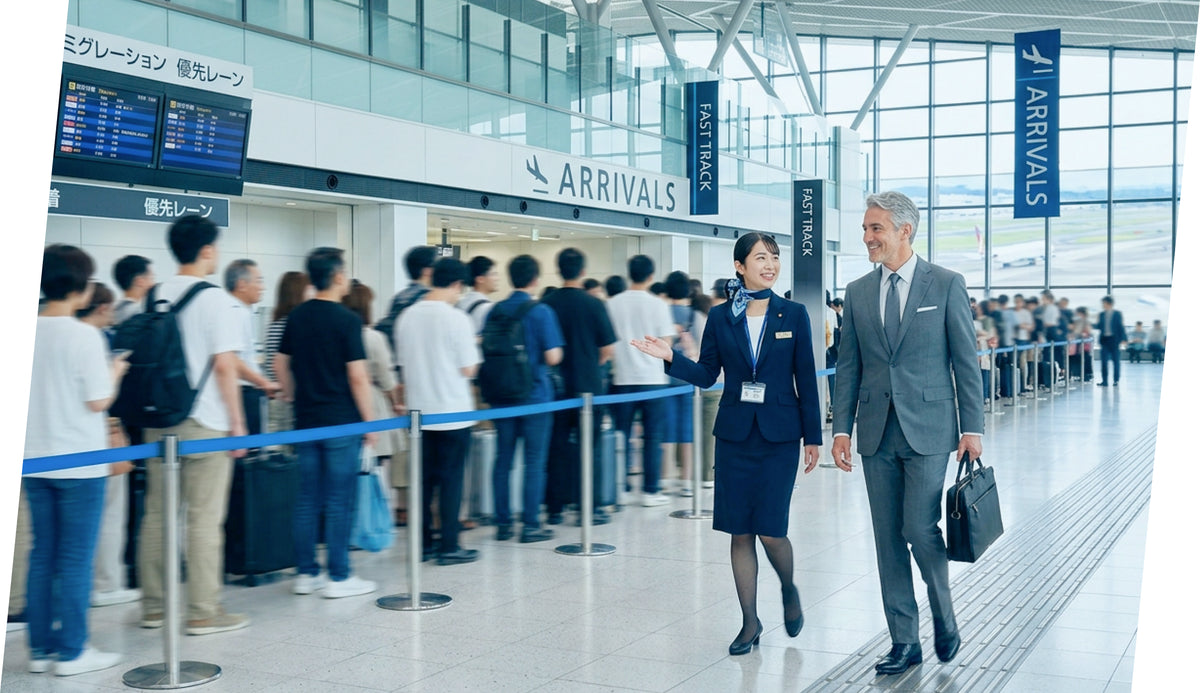 A greeter walking a guest along the fast track, beside the regular arrival queue.